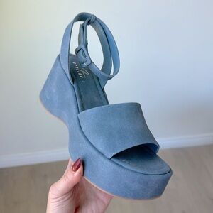 NWT Womens Denim Wedge Platform Sandals Open Toe Ankle Strap